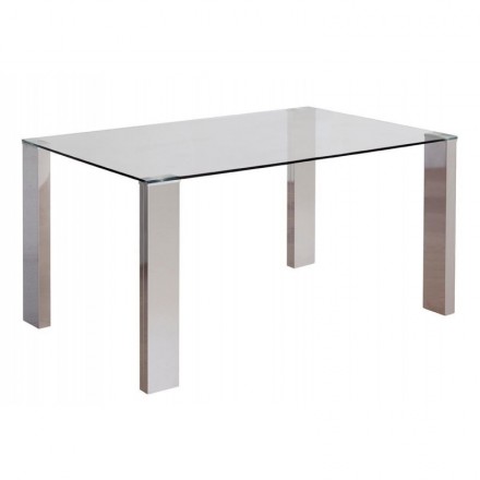 Mesa de comedor KARINA sobre de cristal y patas de DM con terminación acero de 140x90 cm