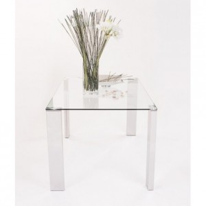 Mesa de comedor KARINA sobre de cristal y patas de DM con terminación acero de 140x90 cm