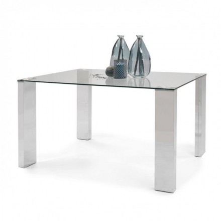 Mesa de comedor KARINA II sobre en cristal templado y patas de DM con terminación acero brillo de 140x90 cm