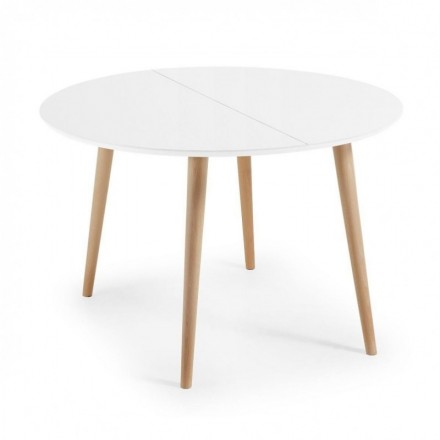 Mesa de comedor redonda y extensible de diseño nórdico OAKLAND sobre dm lacado blanco y pies de madera 120/200x120 cm