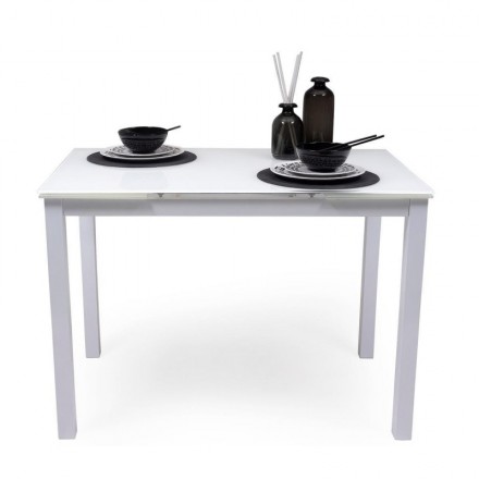 Mesa de cocina extensible PARIS WHITE sobre de cristal y estructura en metal blanco 110/170x70cm