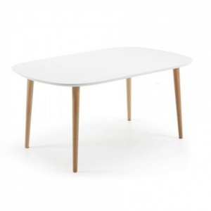 Mesa de comedor extensible de diseño nórdico OAKLAND sobre dm lacado blanco y pies de madera 160/260x100 cm