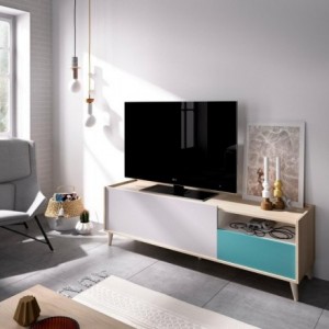 Mueble de TV diseño nórdico NOVA tablero de partículas melaminizado en color blanco/esmeralda/natural/gris 155x43 cm