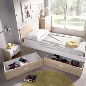 Cama juvenil de diseño moderno DINA tablero de partículas melaminizado color blanco natural 196x97x79 cm