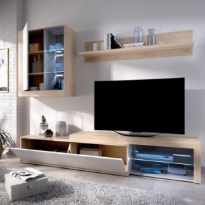 Mueble de salón modular KOLN color blanco brillo y natural de 215 cm