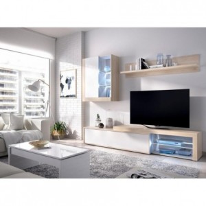 Mueble de salón modular KOLN color blanco brillo y natural de 215 cm