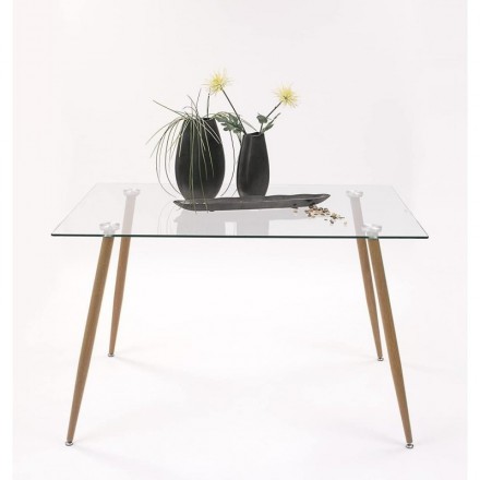 Mesa de comedor de diseño nórdico CAIRO tapa de cristal y patas de metal color roble 120x80 cm