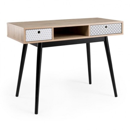 Mesa de escritorio de diseño vintage CARLA sobre de MDF color roble y patas de madera en negro 110x48 cm