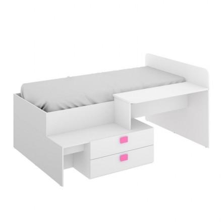 Cama alta juvenil con escritorio extensible CHIC tablero de partículas  melaminizado color blanco, fucsia y azul 205x107x120 cm - Centro Mueble  Online