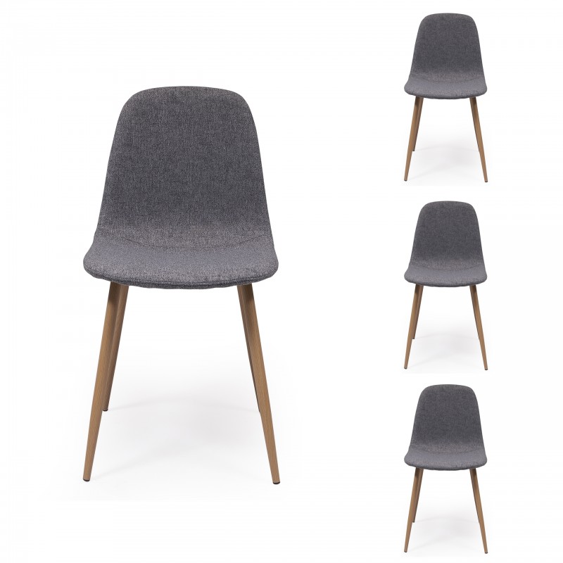Pack de 4 sillas de comedor CAIRO tapizadas en tela chenilla gris y patas de metal símil madera