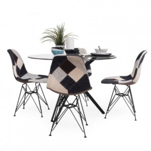 Conjunto de comedor ERICA BAUHAUS mesa de cristal y estructura de metal negro y sillas tapizadas en tela patchwork