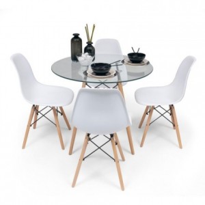 Conjunto de comedor TOWER CRISTAL. Mesa de cristal redonda de 90 cm y 4 sillas MAX TOWER