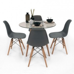 Conjunto de comedor TOWER CRISTAL. Mesa de cristal redonda de 90 cm y 4 sillas MAX TOWER