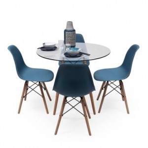 Conjunto de comedor TOWER CRISTAL. Mesa de cristal redonda de 90 cm y 4 sillas MAX TOWER