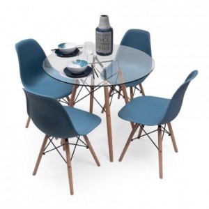 Conjunto de comedor TOWER CRISTAL. Mesa de cristal redonda de 90 cm y 4 sillas MAX TOWER