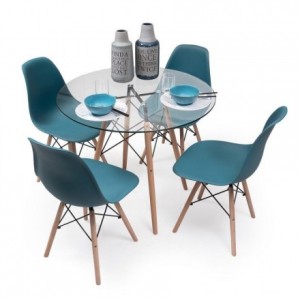 Conjunto de comedor TOWER CRISTAL. Mesa de cristal redonda de 90 cm y 4 sillas MAX TOWER