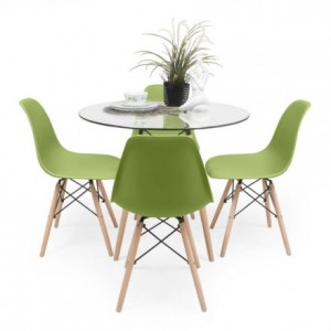 Conjunto de comedor TOWER CRISTAL. Mesa de cristal redonda de 90 cm y 4 sillas MAX TOWER