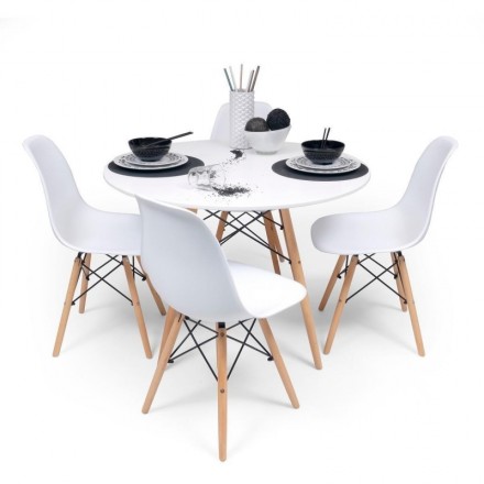 Conjunto de comedor TOWER 100 mesa redonda de 100 cm  lacada en blanco con patas de madera  y 4 sillas TOWER