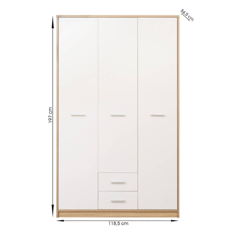 Armario de tres puertas batientes y dos cajones KENTO color cambrián y  blanco 118,5x54,5x197 cm - Centro Mueble Online