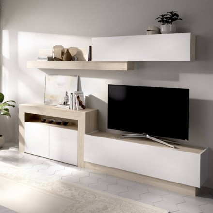 Mueble de salón modular ENNA color blanco brillo y natural de 261 cm