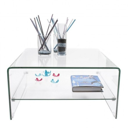 Mesa de centro de cristal curvado de una pieza con revistero MURANO de 80x80x40 cm