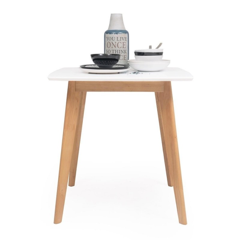 Mesa de comedor fija MELAKA sobre lacado blanco y patas de madera de roble 75x75 cm