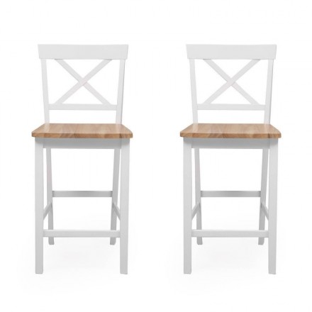 Pack de 2 taburetes altos LEYA madera lacada en color blanco mate con asiento en color roble