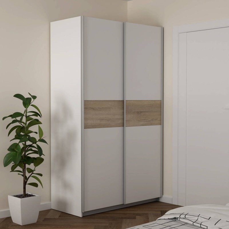 Armario de 2 puertas correderas WINTER acabado laminado sintético blanco o  roble sonoma con franja blanca o roble 120x62x210 cm - Centro Mueble Online