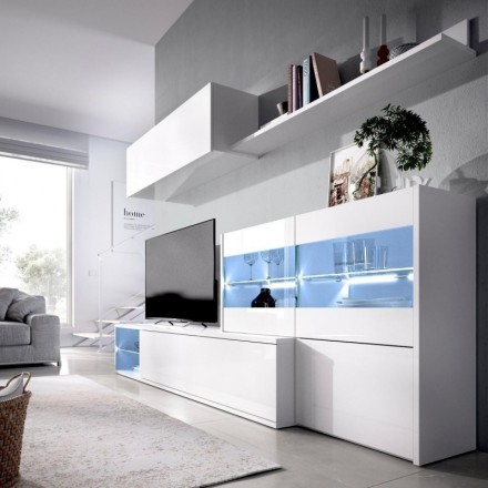 Mueble de salón modular UMA color blanco brillo o blanco brillo/natural de 260 cm