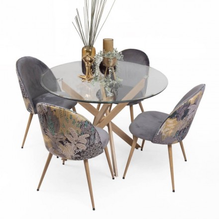 Conjunto de comedor DALILA MADEIRA WOOD mesa de cristal templado y estructura metálica acabado madera y 4 sillas tapizadas
