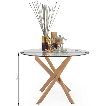 Conjunto de comedor DALILA MADEIRA WOOD mesa de cristal templado y estructura metálica acabado madera y 4 sillas tapizadas