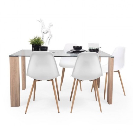 Conjunto de comedor ROSSET NORDIC mesa de cristal de 140x90 cm y 4 sillas nórdicas