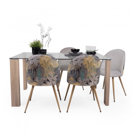 Conjunto de comedor ROSSET MADEIRA mesa de cristal de 140x90 cm y 4 sillas de comedor tapizadas