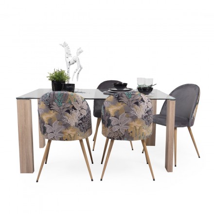 Conjunto de comedor ROSSET MADEIRA mesa de cristal de 140x90 cm y 4 sillas de comedor tapizadas