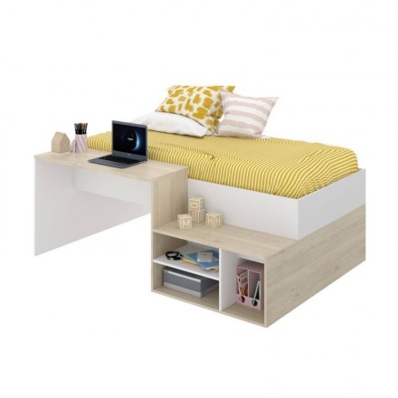 Cama juvenil de diseño moderno KRIC tablero de partículas melaminizado color natural y blanco de 195x134x72 cm