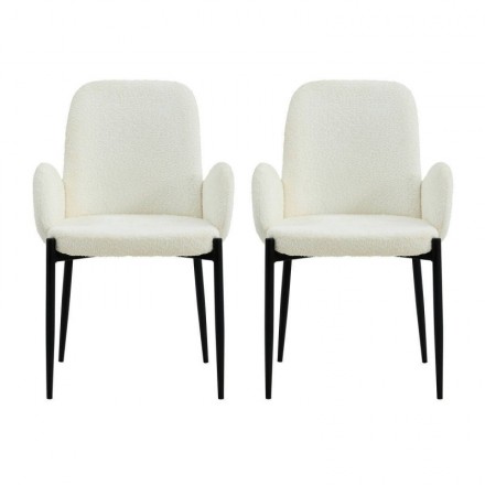 Pack de 2 sillas de comedor REBECA tapizadas en tela teddy color gris o blanco y patas metálicas color negro