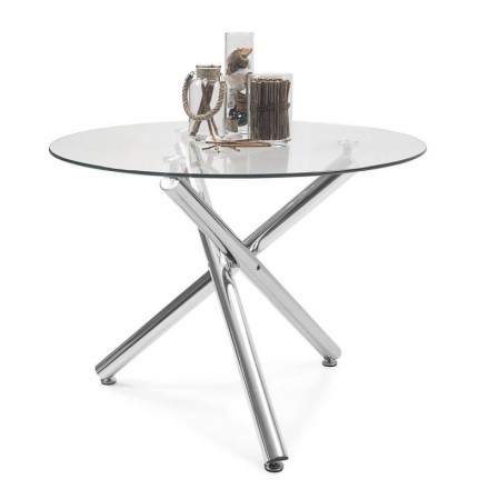 Mesa de comedor redonda BRISA cristal transparente y patas de metal cromado 110 cm