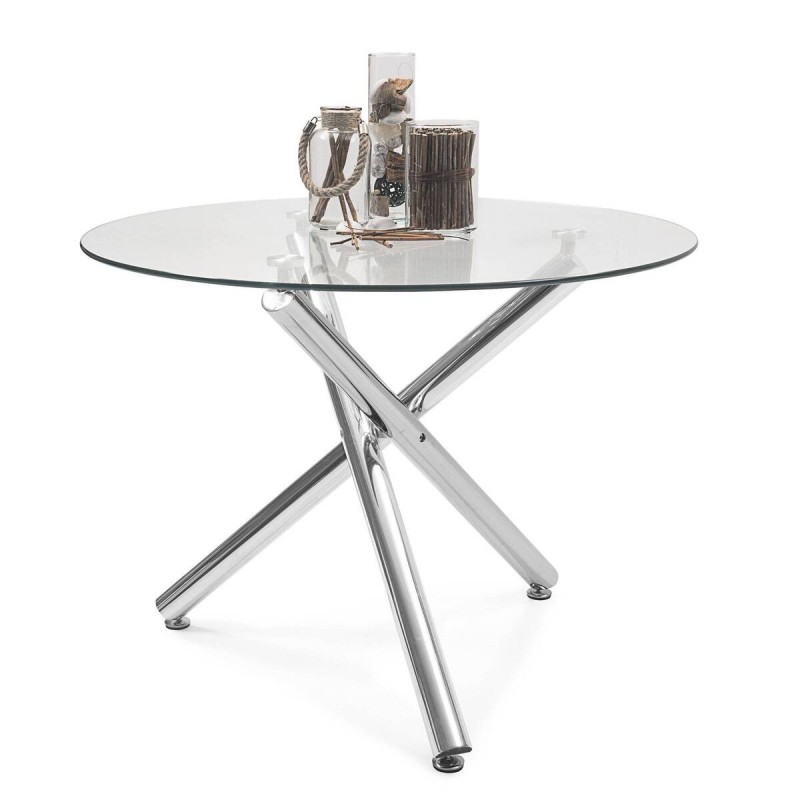 Mesa de comedor redonda BRISA cristal transparente y patas de metal cromado 110  cm - Centro Mueble Online