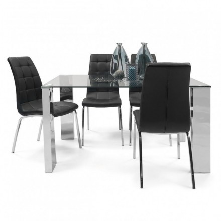 Conjunto de comedor KARINA II mesa de 140x90 cm de cristal y 4 sillas de polipiel y patas de acero cromado