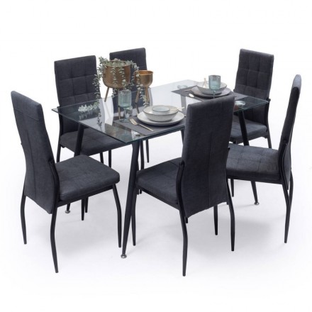 Pack de 6 sillas de comedor ELEOS, tapizadas en tela gris oscuro con capitoné con patas metálicas en negro