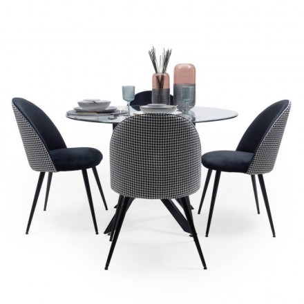 Conjunto de comedor CAIRO DAVINIA, mesa de cristal de 110 cm con estructura metálica color negro y 4 sillas tapizadas