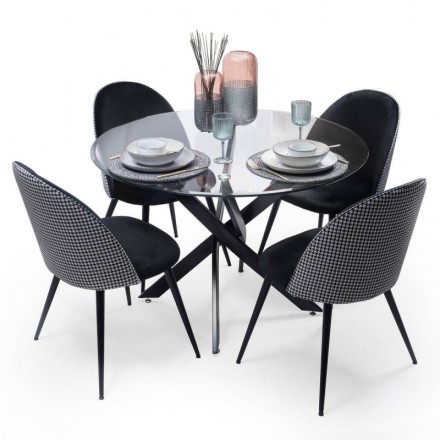 Conjunto de comedor CAIRO DAVINIA, mesa de cristal de 110 cm con estructura metálica color negro y 4 sillas tapizadas