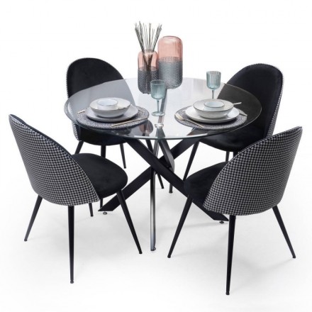 Conjunto de comedor DAVINIA DALILA, mesa de cristal de 110 cm con estructura metálica color negro y 4 sillas tapizadas