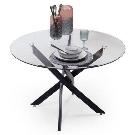 Conjunto de comedor DAVINIA DALILA, mesa de cristal de 110 cm con estructura metálica color negro y 4 sillas tapizadas