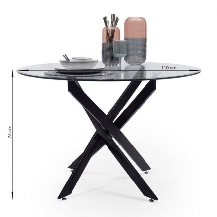 Conjunto de comedor CAIRO DAVINIA, mesa de cristal de 110 cm con estructura metálica color negro y 4 sillas tapizadas