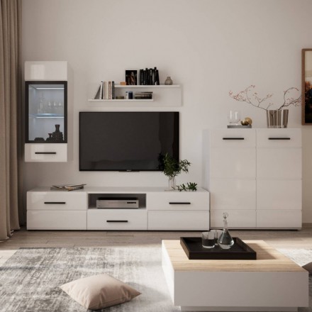 Mueble de salón modular ÁRTICO MINI, color blanco brillo, de 215 cm