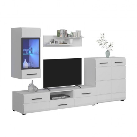 Mueble de salón modular ÁRTICO MINI, color blanco brillo, de 215 cm