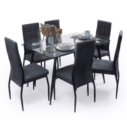 Conjunto de comedor ELEOS CAIRO, mesa de cristal de 120x80 cm, 6 sillas tapizadas color gris