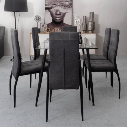 Conjunto de comedor ELEOS CAIRO, mesa de cristal de 120x80 cm, 6 sillas tapizadas color gris