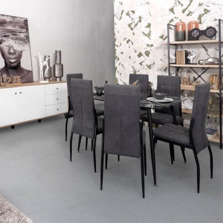 Conjunto de comedor ELEOS CAIRO, mesa de cristal de 120x80 cm, 6 sillas tapizadas color gris